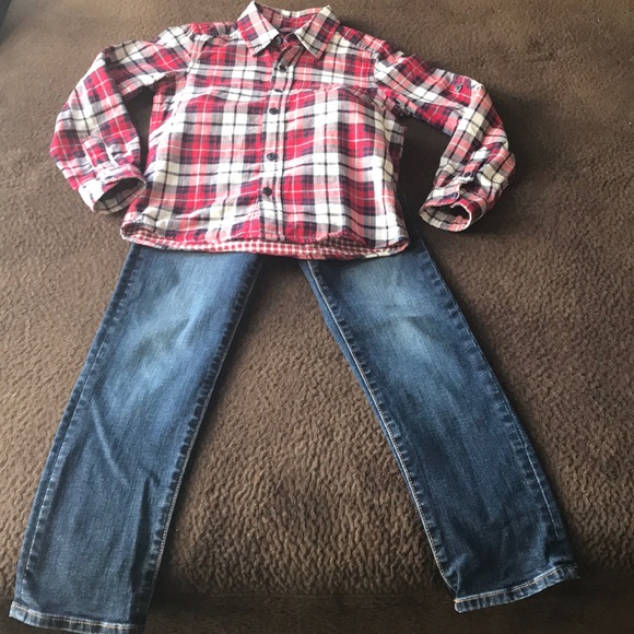 Boys Old Navy Jeans and Long Sleeve Plaid Shirt - Picture 1 of 6